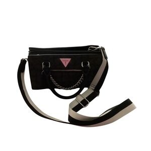 Guess Black Monogram Satchel Crossbody Bag and‎ Striped Strap